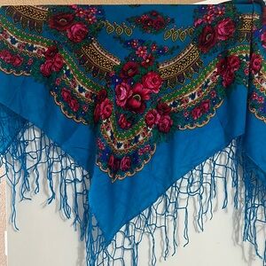 Floral Blue Scarf with Fringe - traditional Ukrainian headdress